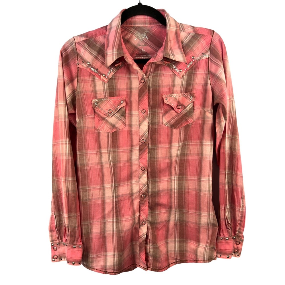 Rock 47 by Wrangler Western Pearl Snap Pink Plaid Shirt SZS Embroidered Bling